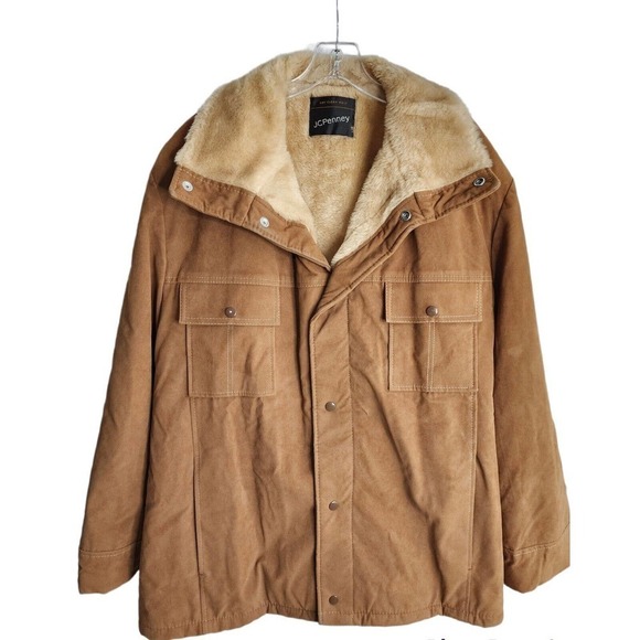 Vintage 1970s JC Penney Men's Faux Suede Sherpa Lined Western Coat Size 43 Snap - Picture 1 of 12